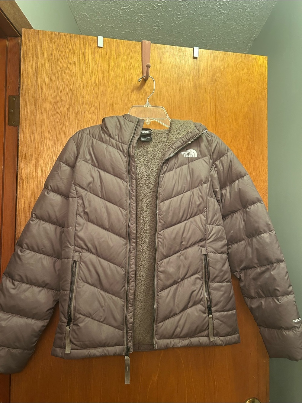 The North Face Women's Quilted Hooded Jacket in Taupe Gray